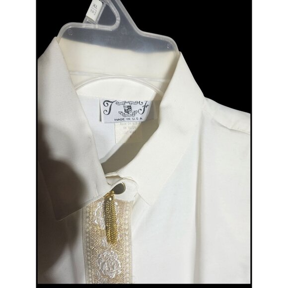 Vintage T & F White Button-Down Shirt With Ornate Gold Embroidery & Tassel Accen - Picture 4 of 6